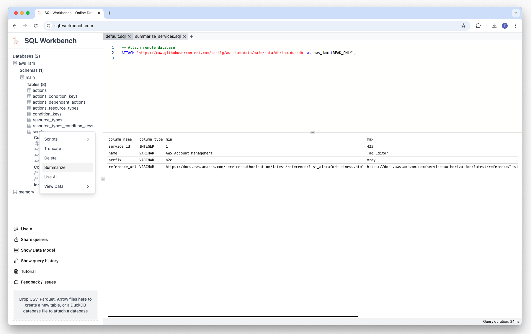 Summarize table script